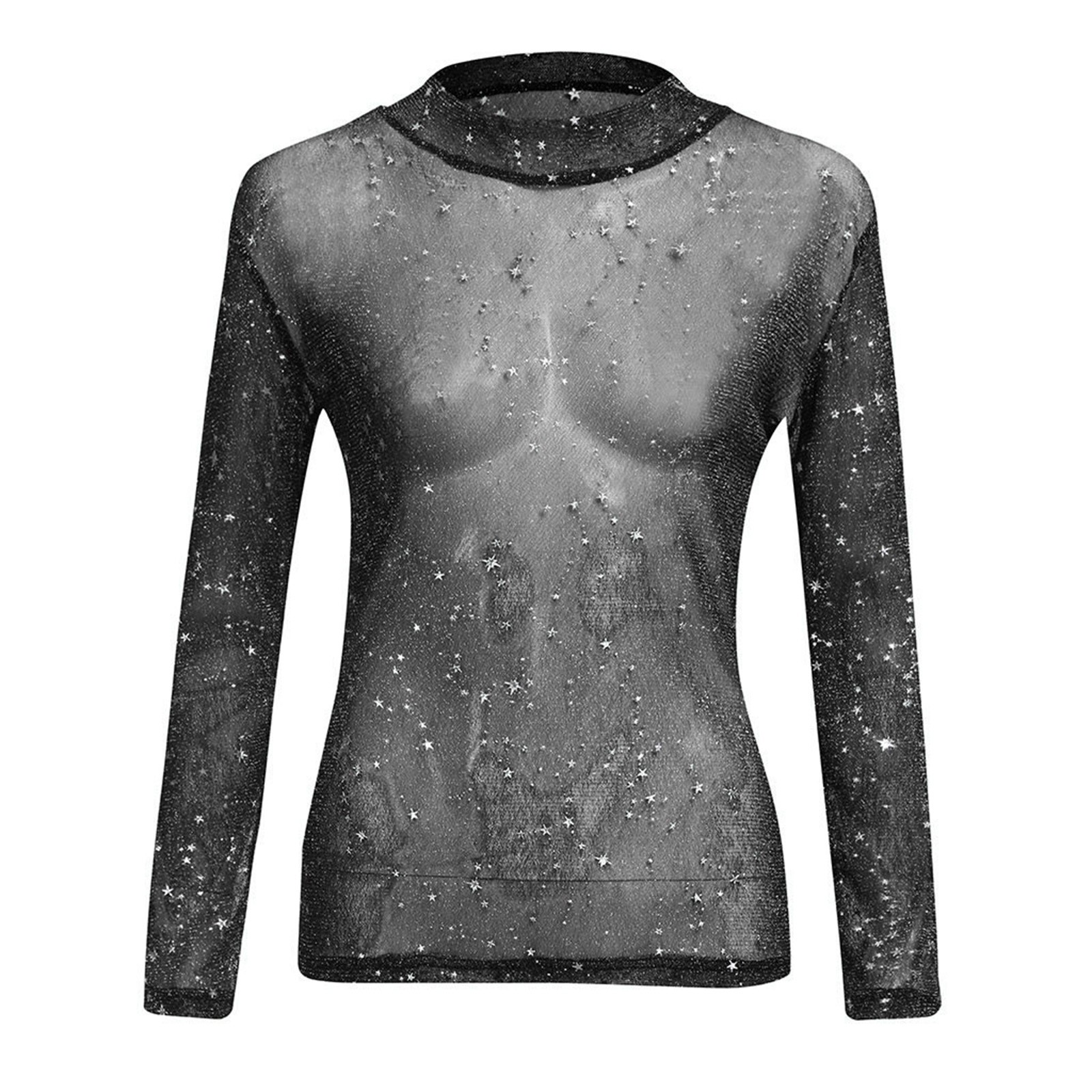 thumbnail image 4 of Blusa transparente de manga larga con malla brillante para mujer: top sexy transparente, cuello redondo, lavado a mano, 4 of 6